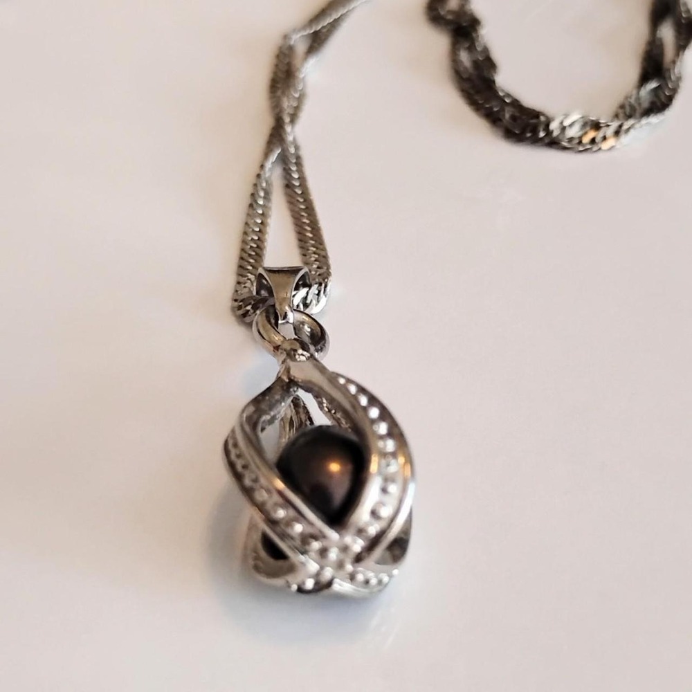 Silver Teardrop Black Pearl Diamond Cage Necklace #vintage #coquette #preppy - Picture 2 of 7